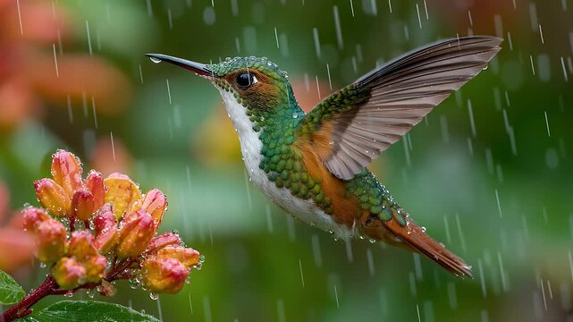 Chestnut breasted coronet hummingbird flying near an orange flower while it's raining