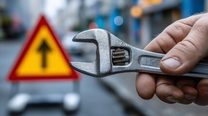 hand using adjustable wrench near traffic sign for road maintenance visuals, instructional guides, and safety equipment promotions, close-up view, blurred urban background, natural light, centered