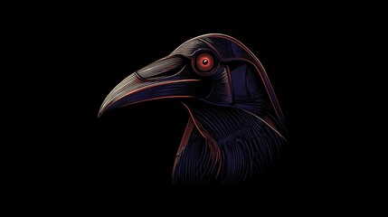 Illustration of a raven with intricate lines and glowing red eye on a dark background.