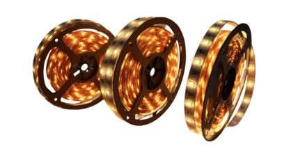 Three rolls of warm-toned LED strip lights, arranged in a slightly overlapping, 3D-like presentation.  The lights are a  light amber color.  The rolls have metal housings