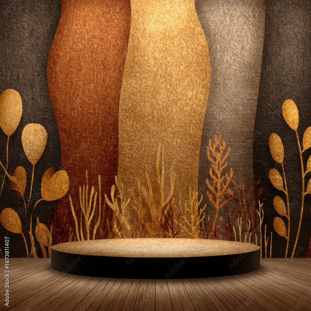 Poster showcase stage with ornamental background: a visually captivating showcase stage, elevated with a ro