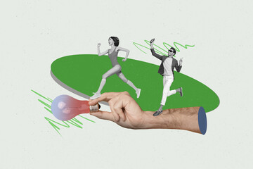 Exclusive magazine picture sketch collage image of two happy business partners girl guy run human...
