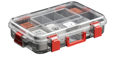 Transparent storage box with red handles and dividers