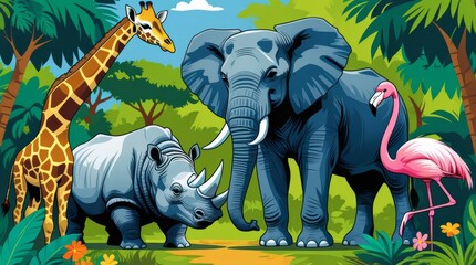 Tropical Animals illustration: A vibrant illustration showcasing a diverse array of exotic animals in a lush, colorful environment, inviting viewers into a world of wildlife beauty.