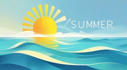 Warmth of Summer: Vibrant illustration of the sun reflecting on a body of water, a perfect embodiment of the season's essence. 
