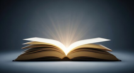 Open book with rays of golden light emanating from the center pages against a dark background. A concept for wisdom, knowledge, biblical stories, magic, and divine revelation.