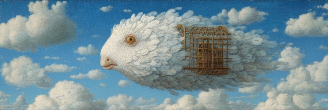 Surreal painting of a white, avian creature with a cage-like structure on its side, floating in sky - Powered by Adobe