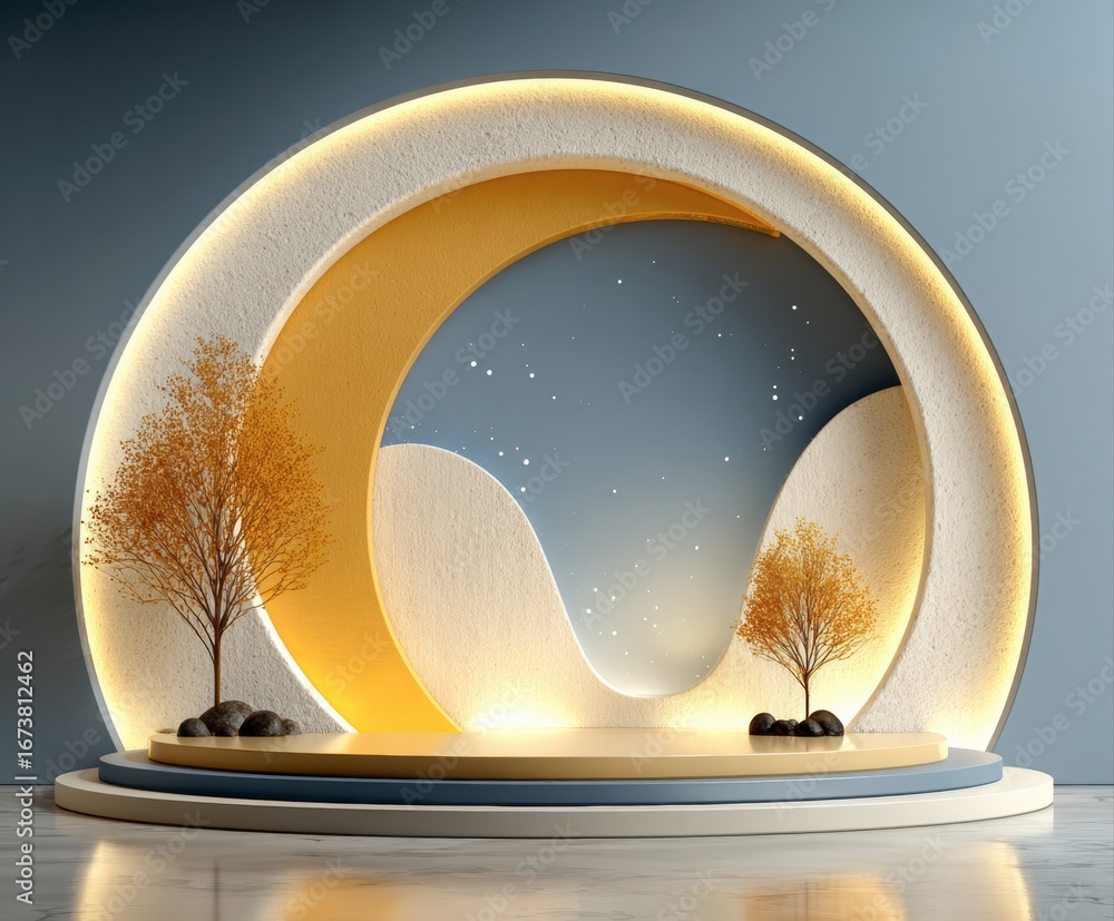 Poster stage with trees: a captivating stage design featuring two autumnal trees, subtly illuminated agains