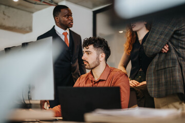 Business colleagues discussing project strategies in a rustic contemporary office setting, showcasing teamwork, collaboration, and innovative thinking.