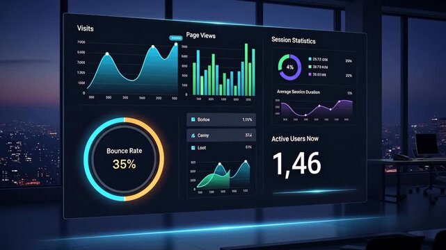 Modern Web Analytics Dashboard Interface - A futuristic holographic display shows various web analytics metrics, including visits, page views, bounce rate, session statistics, and active users.