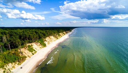 Coastal landscape, forest, beach, and ocean