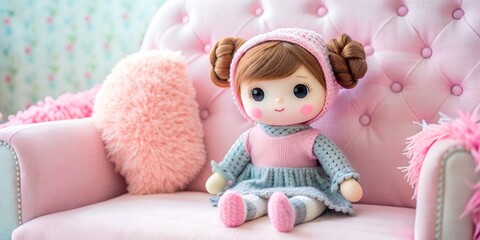 Fototapeta premium Charming doll sitting on a plush pink chair in a minimalistic and cute background with soft decor doll, plush, pink chair, cute decor, minimalism, fluffy pillows, rosy cheeks, knit cap, inviting atmos