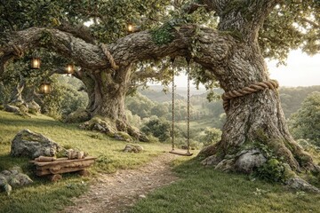 Enchanting swing beneath ancient trees