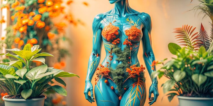 Dynamic science fiction woman surrounded by vibrant botanical elements in an abstract setting science fiction, woman, body art, blue skin, abstract background, botanical, flowers, vibrant colors, fant