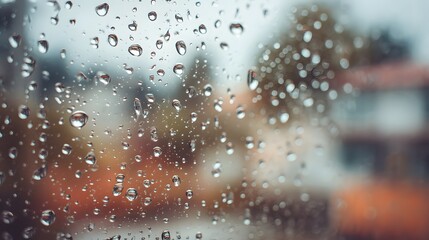 Raindrops on window glass with blurred house view.