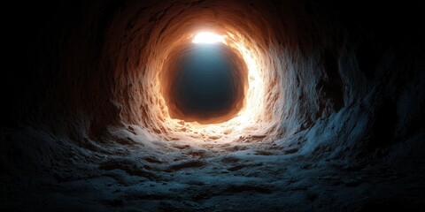 Pathway to Hope: A dramatic perspective inside a textured cave, bathed in ethereal light, hinting at the mysteries beyond. Focus on the circular opening, the play of light and shadow.