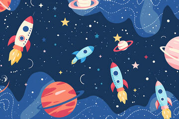 カラフルなロケットと惑星が飛び交う可愛い宇宙イラスト背景