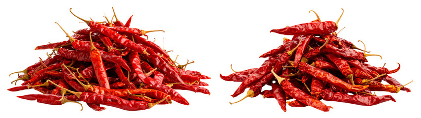 group of pile of dried red chili peppers isolated on white background