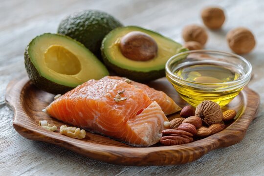 Healthy fats on wooden plate