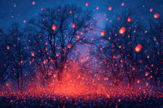 Night sky filled with floating lanterns