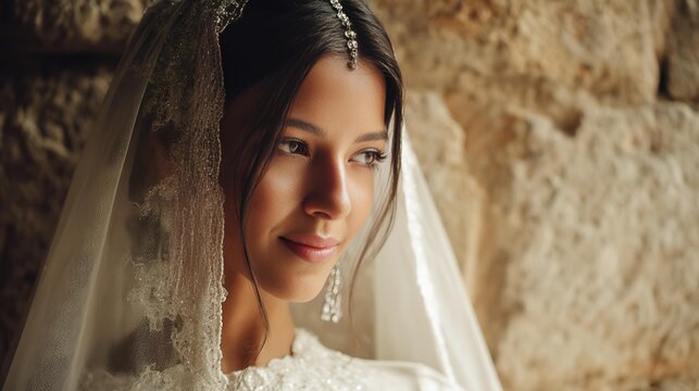 A stunning young woman of Middle Eastern descent in a bridal veil, showcasing a serene and graceful expression against a textured stone backdrop.