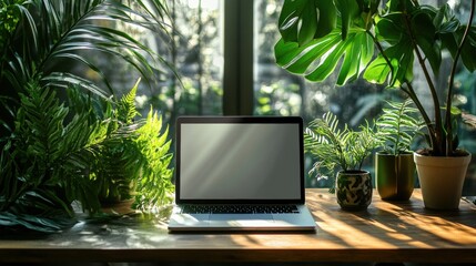 A serene workspace featuring a laptop surrounded by lush green plants, creating a calming and productive atmosphere.