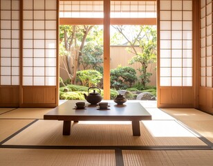 Traditional Japanese Tea Room Interior with Tatami Mats and Shoji Doors