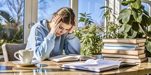 Studying in a sunlit room with stacks of books and a cup of coffee for focus and motivation student, studying, books, coffee, sunlight, indoor plants, focus, stress, learning, concentration, cozy, stu