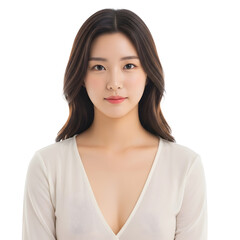 Obraz premium Headshot portrait of a beautiful young Asian woman with perfect clear skin and natural makeup, isolated on a white background, beauty and skincare concept 