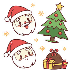 A cheerful cartoon Santa Claus with a hat and a sack of gifts stands by a decorated Christmas tree in the snow, perfect for a festive holiday card