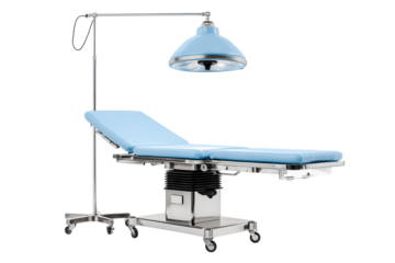 Operating table with overhead lamp prepared for surgical procedures in a sterile environment on transparent or white background