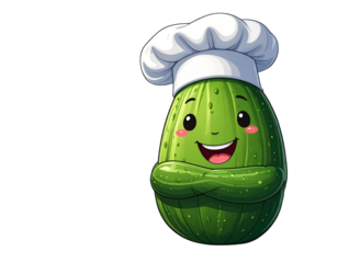 Cucumber Character Wearing a Chef Hat, Cartoon Style, isolated on transparent background.