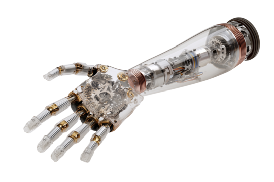 Prosthetic limb with intricate mechanics showcased on transparent or white background