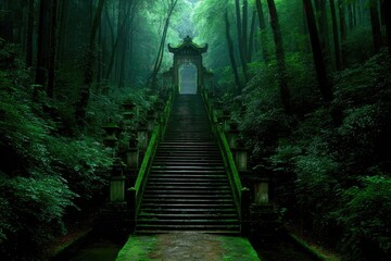 Moss-covered stone steps ascend to a misty archway in a dense, verdant forest