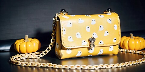 Stylish women's handbag on a black background accompanied by decorative pumpkins and chai handbag, yellow handbag, ghost pattern, black background, pumpkins, chai, stylish accessory, autumn, cozy, tre
