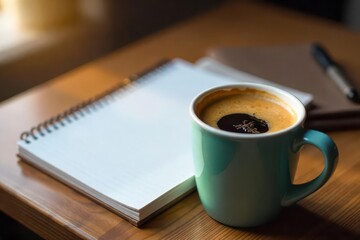 Warm coffee in mug, notes in journal, wooden desk, close-up, work