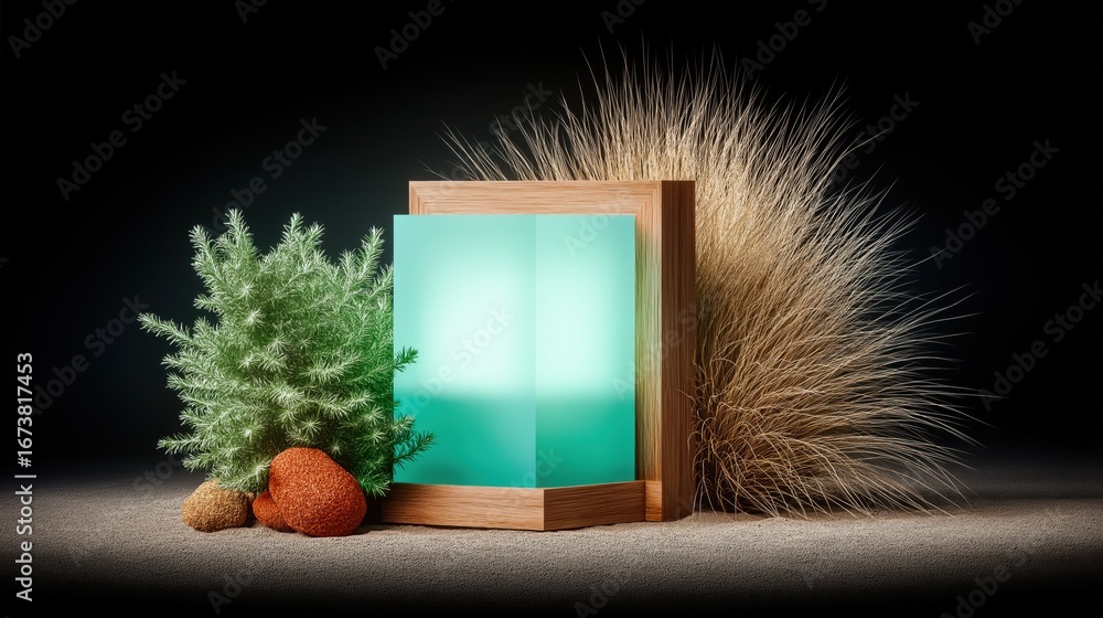 Poster illuminated abundance: an abstract display of natural elements with soft lights, inviting contemplat