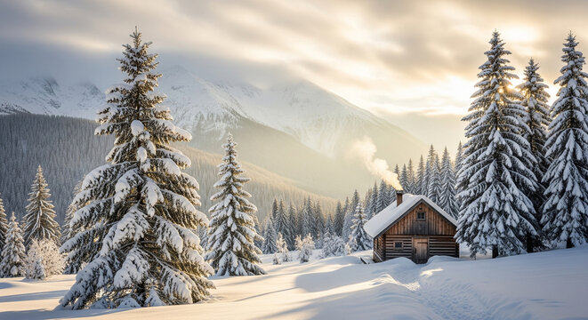 Snowy mountain landscape with wooden cabin, pine trees covered in snow, soft morning light, peaceful winter holiday scenery