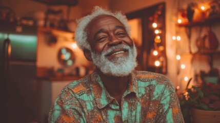 Fototapeta premium Mature African man with a white beard smiles in a home lit by soft Christmas lights.