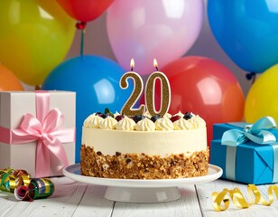 Celebrating with Style: A beautiful cake, balloons, and presents for turning 20.