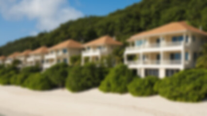 Blurry photo of a modern villa on the beach facing directly to the sea, Evergreen theme, blurry wallpaper.