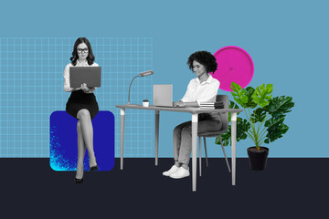 Artwork banner sketch 3d photo collage of happy business partners sit office workplace surf laptop...