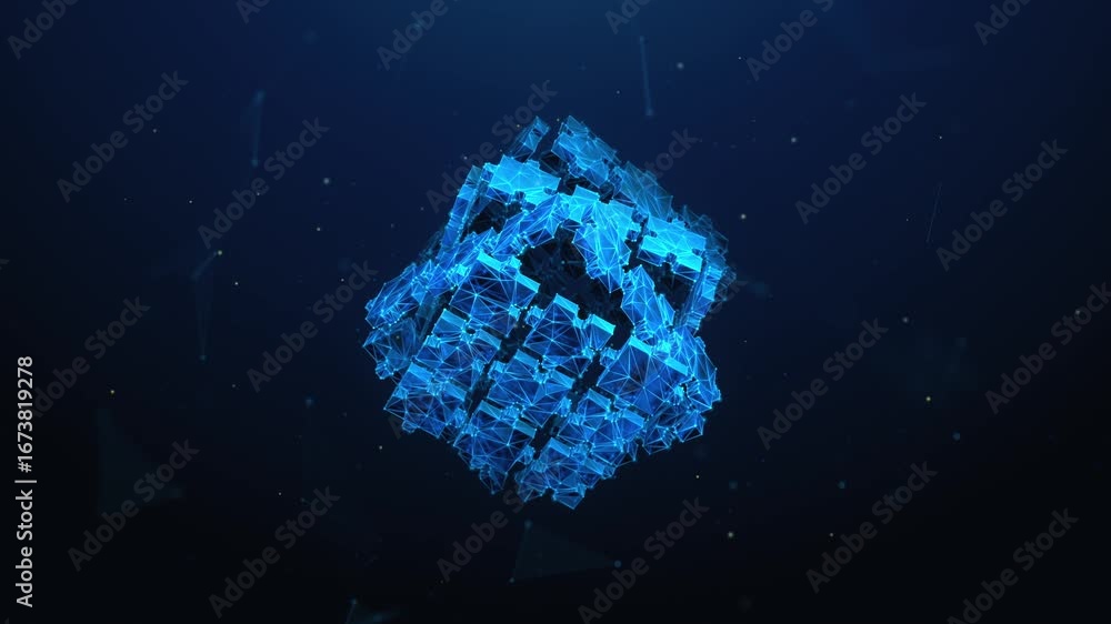 Poster lowpoly jigsaw puzzle pieces forming a cube spinning on the corner in the center. problem solving, s