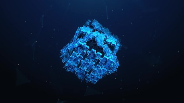 Lowpoly Jigsaw Puzzle Pieces Forming a Cube Spinning on the Corner in the Center. Problem solving, synergy partnership, business solution animated looped concept by wireframe mesh on blue background