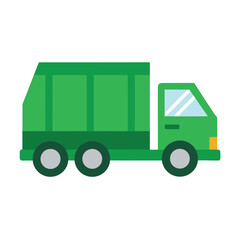 A clean flat modern vector illustration of a bright green garbage truck with a simple white background ideal for environmental or municipal services themes