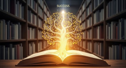 A glowing tree of knowledge grows from an open book in a library, leading to the word 'SUCCESS'. An inspirational concept about education being the path to achievement.