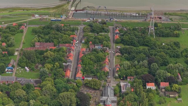 Deserted Doel village, aerial panorama of ghost town in Belgium