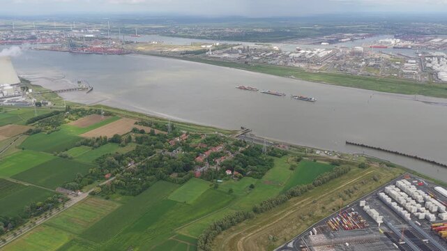 Aerial drone of abandoned ghost town Doel with empty streets, Belgium