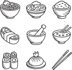 Asian Cuisine Hand-Drawn Line Art Icons Pack Thai Curry, Noodles, Rice, Soup, and Traditional Kitchen Tools