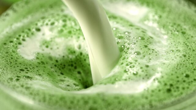 Super Slow Motion Detail Shot of Pouring Milk into Matcha Latte with Camera Motion at 1000fps.